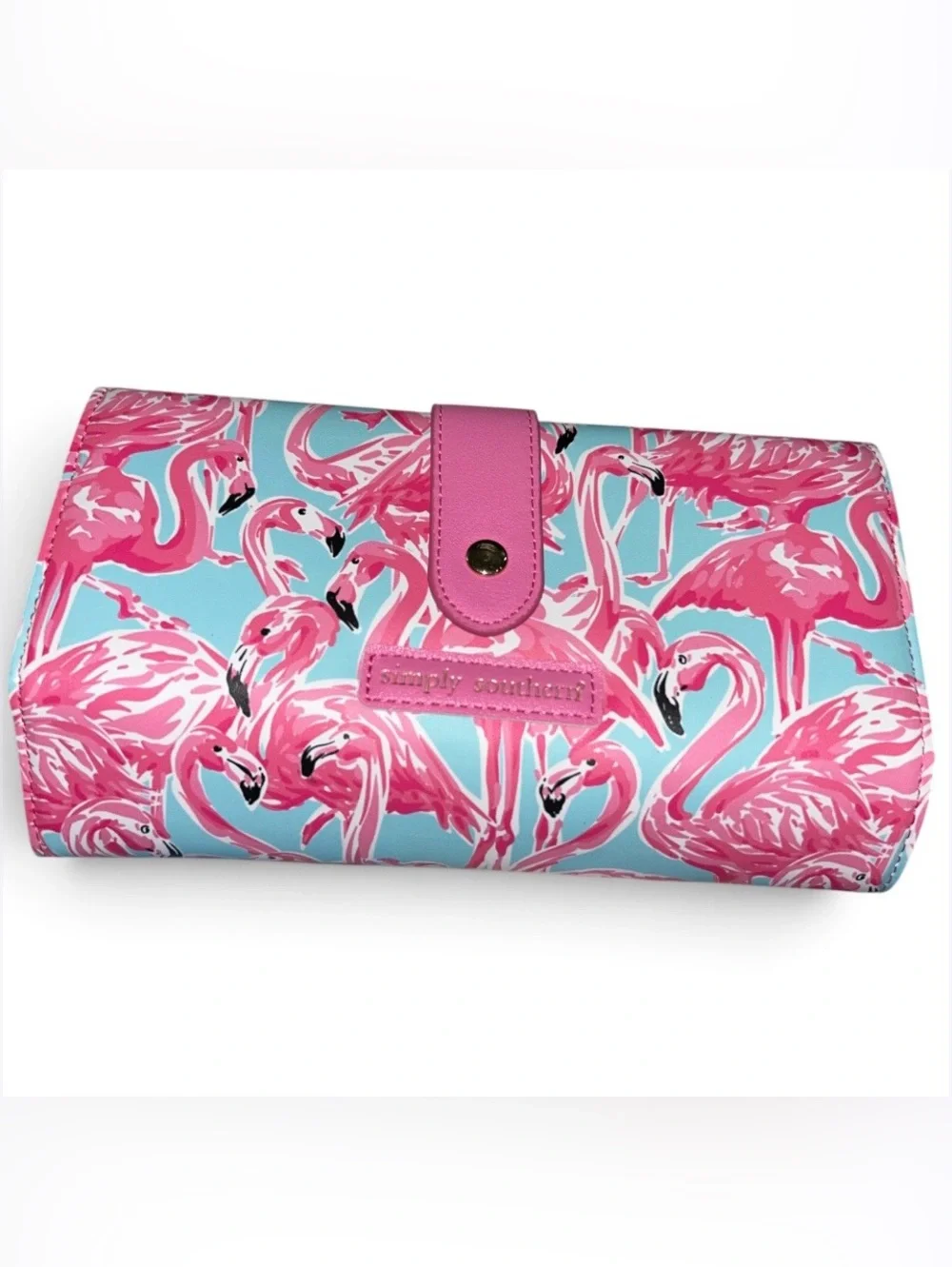 Simply Southern Pink Flamingo Print Large Clutch Wallet with Aqua Background